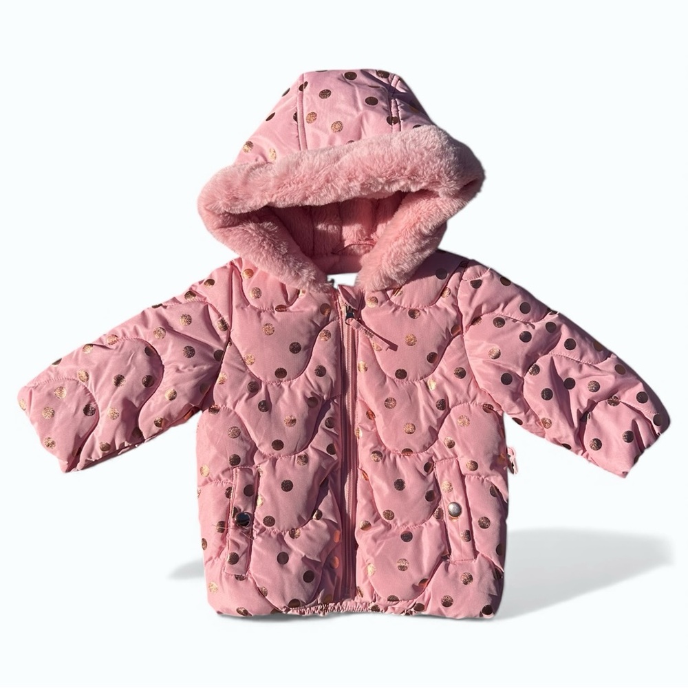 Rothschild Pink Polka Dot Quilted Puffer Jacket - Cozy Winter Coat 12M